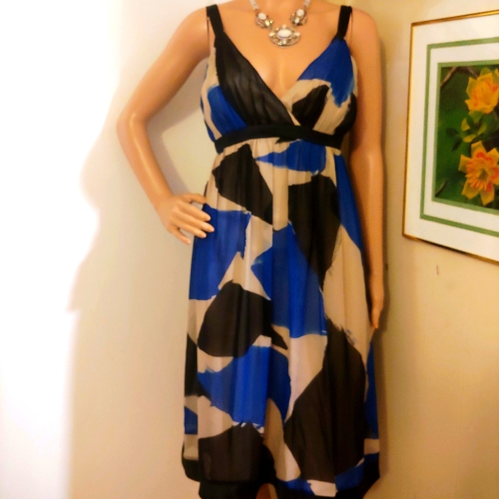 NEW SUE WONG 10 SILK CHIFFON BLUE BLACK WHITE V LOW CUT DRESS